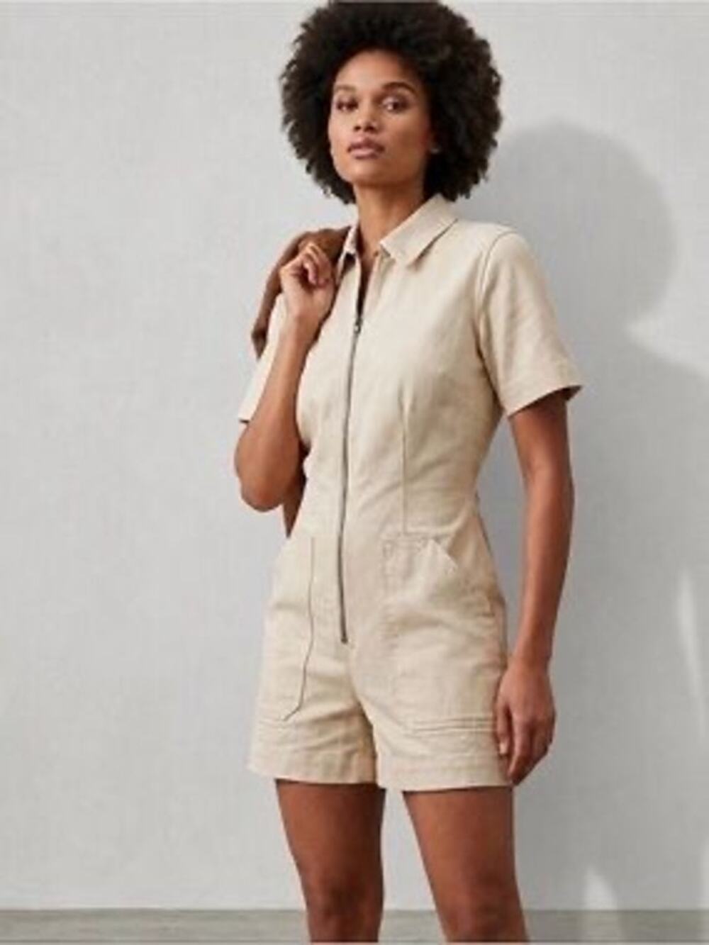 Everlane Short Sleeve Coverall Romper Sz 4 Beige Organic Cotton Pocket Workwear